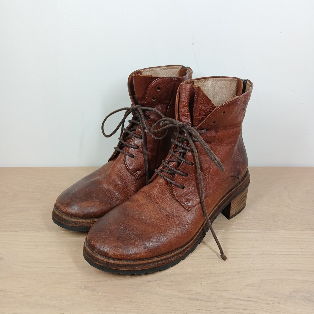 Marsell Boots Womens 7.5 Brown Leather Ankle Lace Up Back Zip Block Heel Boho